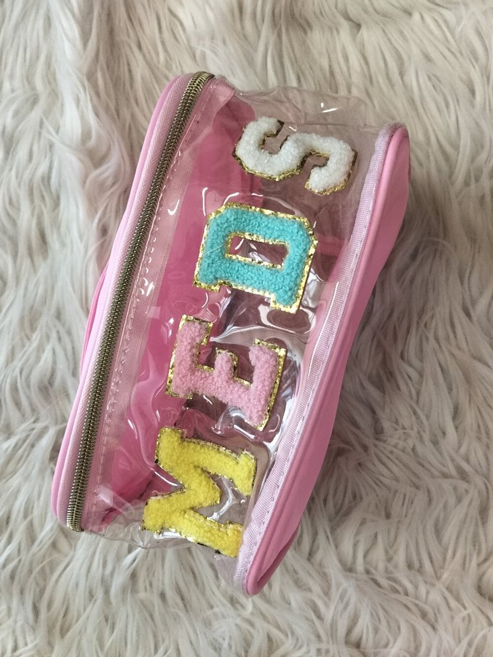 Toiletry Medication Clear & Pink Nylon, PVC & Chenille Letter Bag